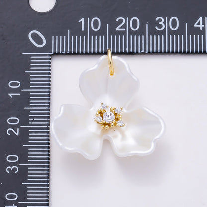 24K Gold Filled 22mm Round CZ White Orchid Bloom Flower Charm | N151
