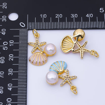 24K Gold Filled 23mm White, Pink, Blue Micro Paved CZ Shell Pearl Starfish Clam Seashell Charm | AF1588 AF1589
