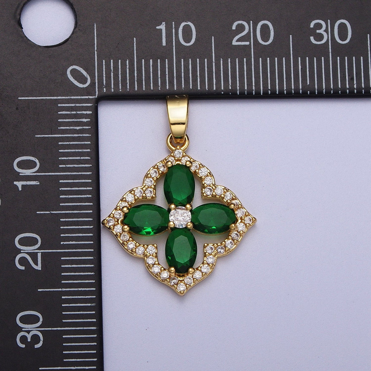14K Gold Filled 26mm Green Micro Paved CZ Geometric Clover Flower Pendant | X548