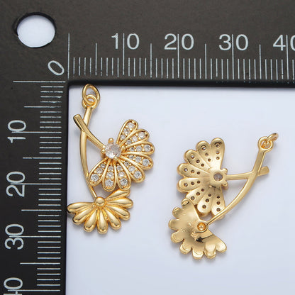 24K Gold Filled 25mm Micro Paved CZ Double Flower Plant Charm | AC140