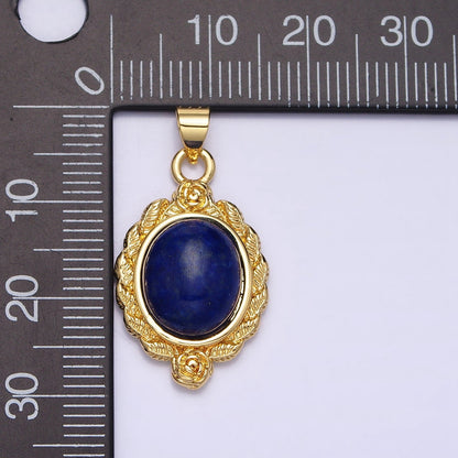 24K Gold Filled 29mm Lapis Lazuli, Malachite, Moss Agate Cabochon Gemstone Leaf Rose Bezel Pendant | AA286 - AA288