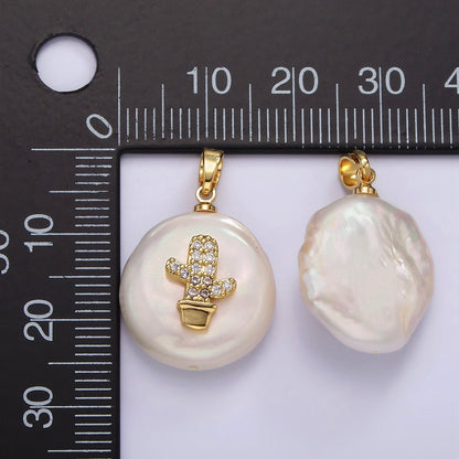 14K Gold Filled 30mm Micro Paved CZ Cactus Plant Round Keishi Freshwater Pearl Pendant | P1667