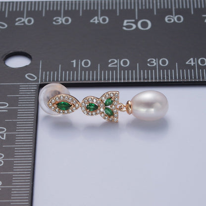 Dangle White Pearl Stud Earring with Gold Green Pave Flower for Wedding Jewelry T-532