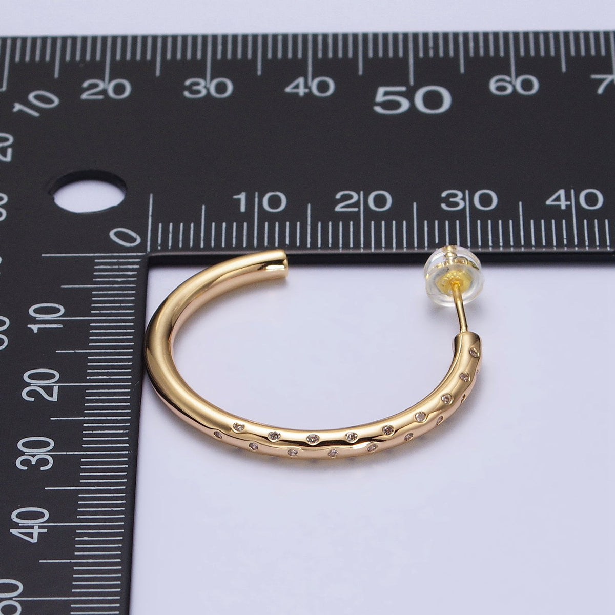 30mm Clear CZ Dotted C-Shaped Hoop Earrings in Gold &amp; Silver | AB749 AB741