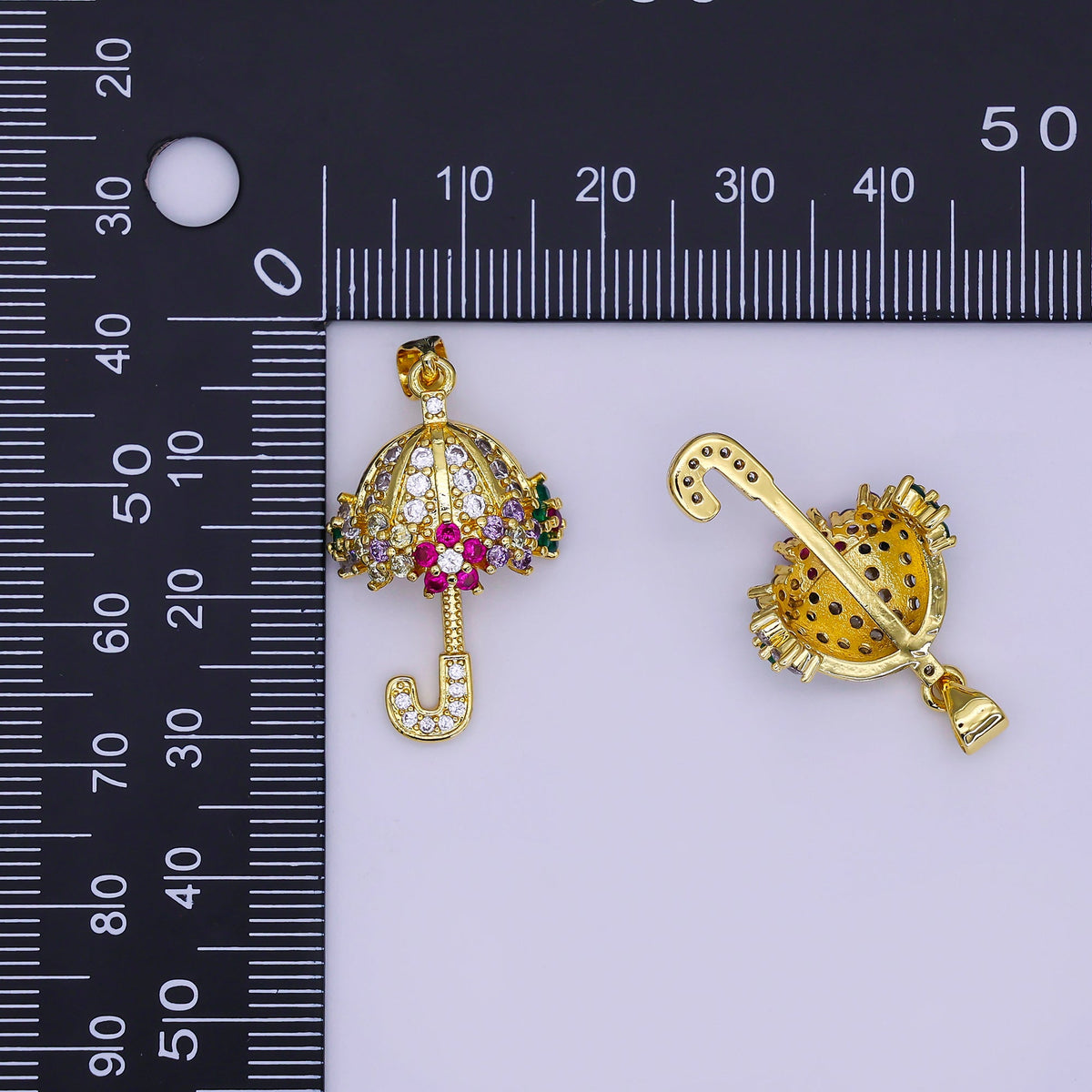 Clear Micro Paved Umbrella Multicolor CZ Flower Gold Pendant | AA019
