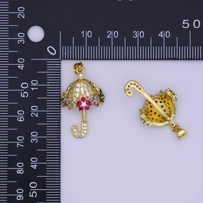 Clear Micro Paved Umbrella Multicolor CZ Flower Gold Pendant | AA019