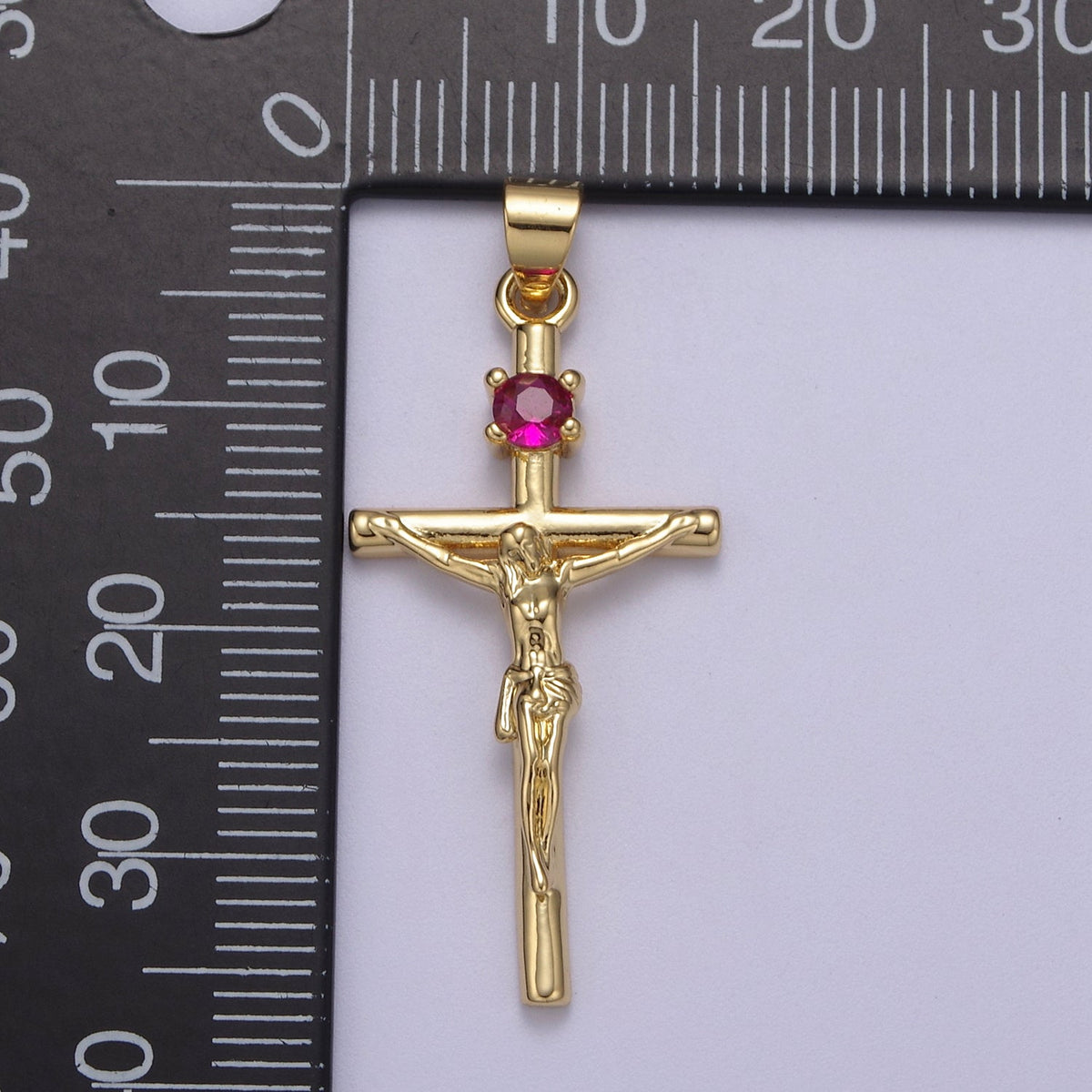 24K Gold Filled 35mm Fuchsia CZ Minimalist Crucifix Cross Pendant | H602