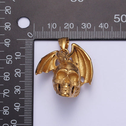 Winged Dragon on Skull Skeleton Stainless Steel Pendant in Gold &amp; Silver | X-667 X-668
