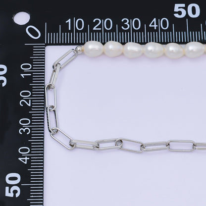 17 Inch Half Paperclip Chain, Half 5.3mm Freshwater Pearl Necklace | WA-1467 Clearance Pricing