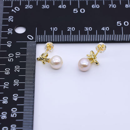 24K Gold Filled 10mm Freshwater Pearl Round Knot Bow Ribbon Drop Stud Earrings | Q417