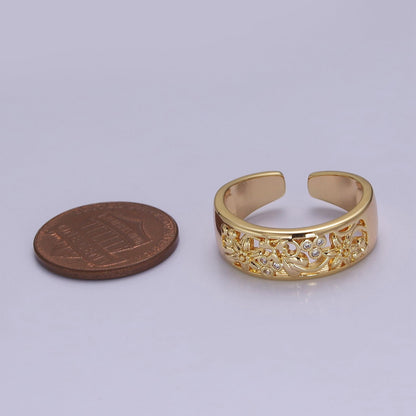 Dainty Art Deco Ring Flower Carved Design 18k Gold Filled Open Adjustable Ring O-2078