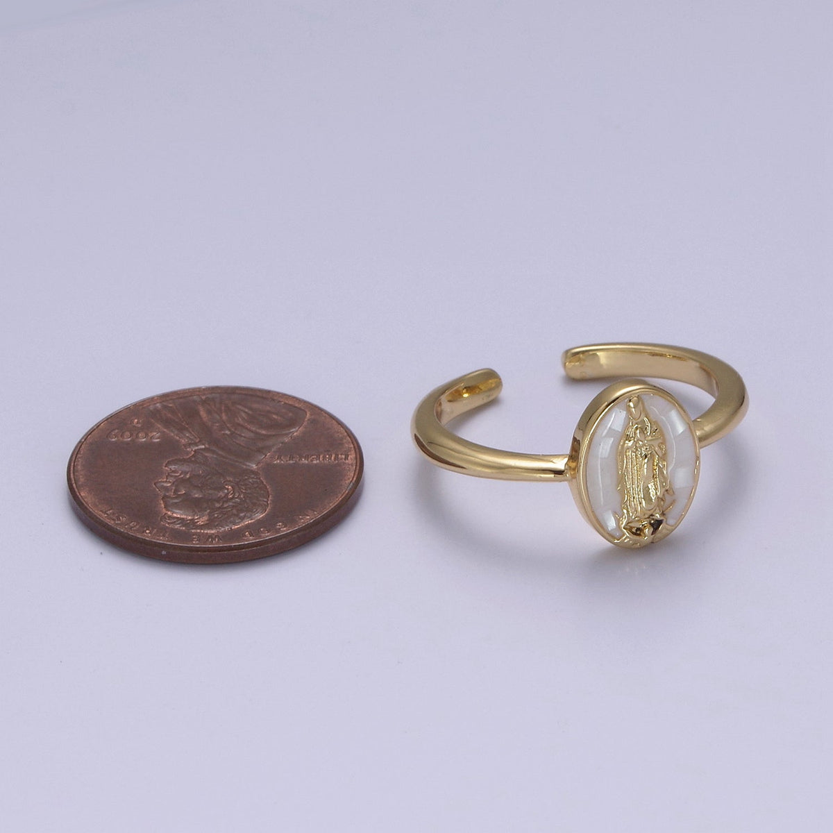 Gold Filled Oval Virgin Mother Mary Shell Opal Ring in Gold &amp; Silver  S-397 - S-400, O-200-204