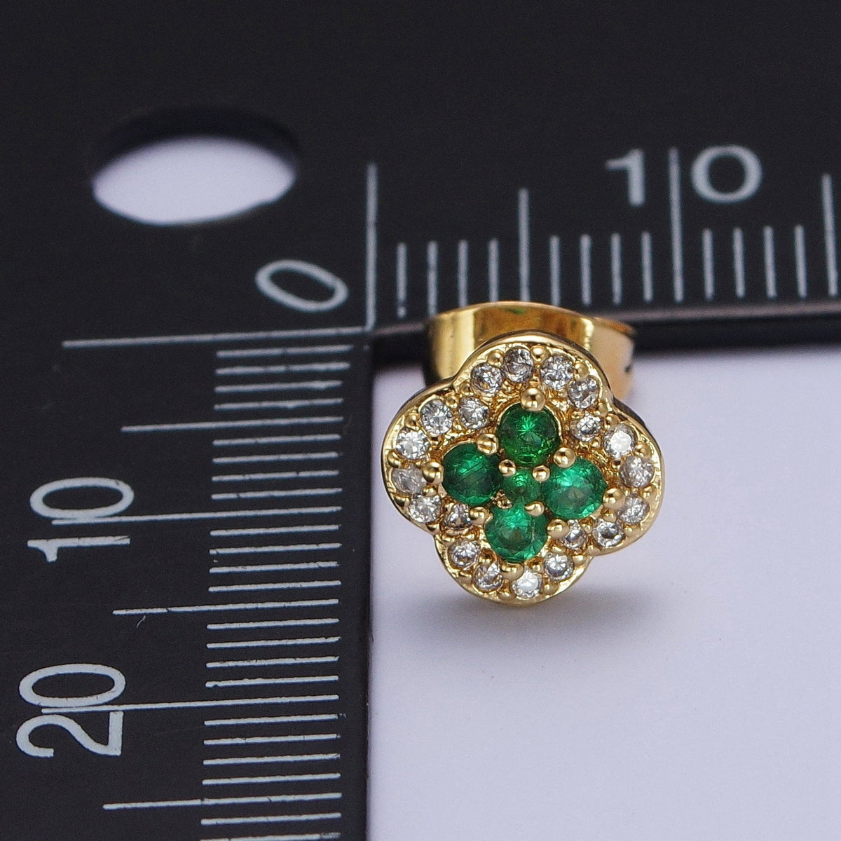 24K Gold Filled Micro Pave Green &amp; Clear Cubic Zirconia Lucky Clover Leaf Stud Earrings | AD-512