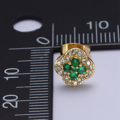 24K Gold Filled Micro Pave Green &amp; Clear Cubic Zirconia Lucky Clover Leaf Stud Earrings | AD-512