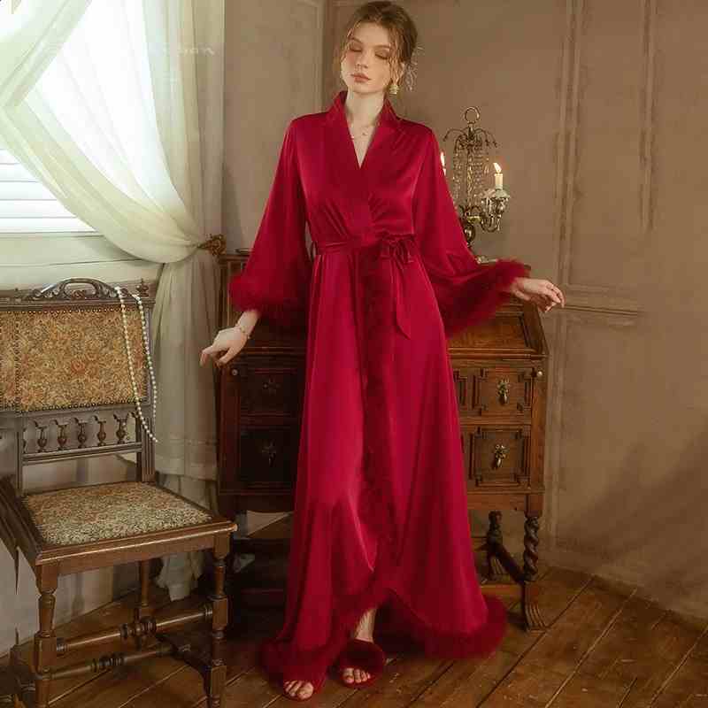 Elegant Satin Feather-Trimmed Robe &amp; Nightdress Set - Luxury Bridal &amp; Lounge Wear