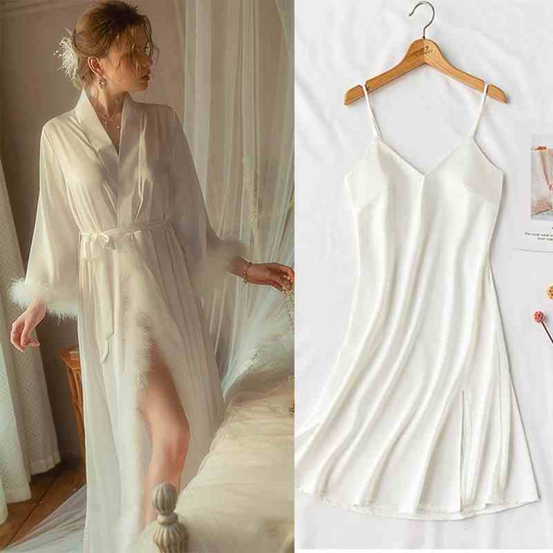Elegant Satin Feather-Trimmed Robe &amp; Nightdress Set - Luxury Bridal &amp; Lounge Wear