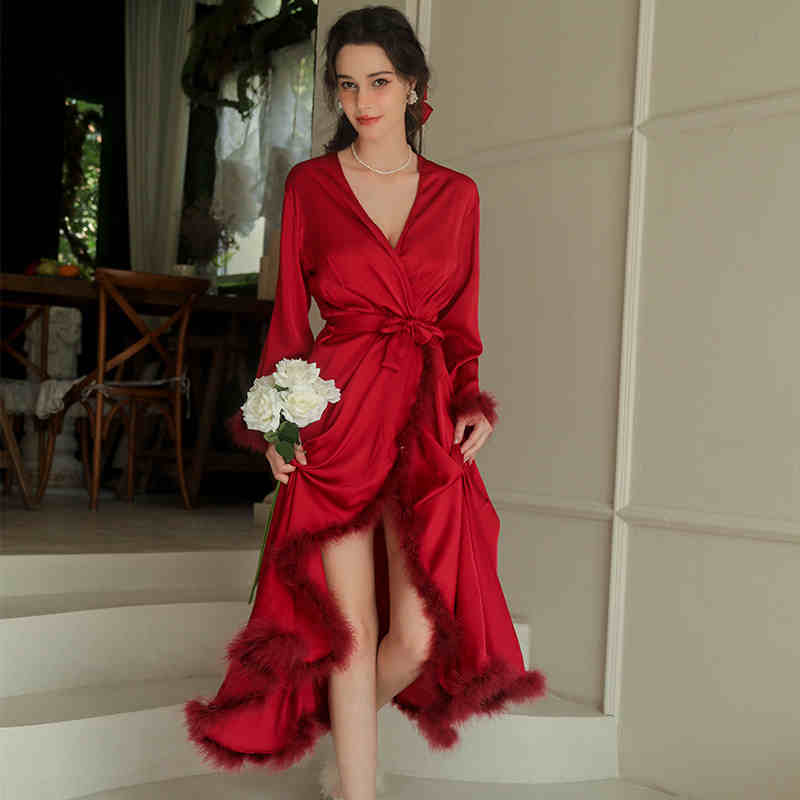 Elegant Satin Feather-Trimmed Robe &amp; Nightdress Set - Luxury Bridal &amp; Lounge Wear