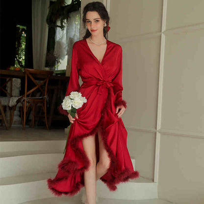 Elegant Satin Feather-Trimmed Robe &amp; Nightdress Set - Luxury Bridal &amp; Lounge Wear