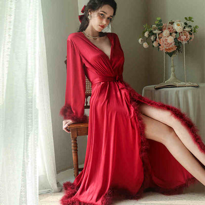 Elegant Satin Feather-Trimmed Robe &amp; Nightdress Set - Luxury Bridal &amp; Lounge Wear