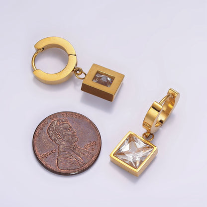 Stainless Steel Clear CZ Square Drop Huggie Earrings in Gold &amp; Silver | AE397 AE398