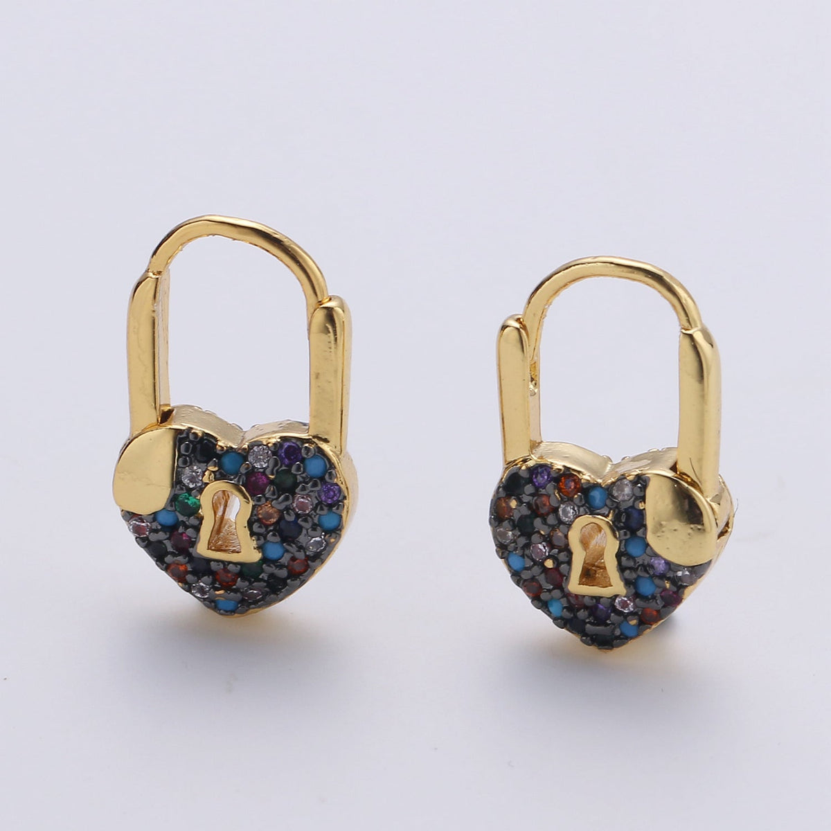 Gold earrings with Cz padlock charm, Heart Lock Charm Gold Mini Hoops Micro Pave Czl Hoops Minimalist and everyday use hoops K-627 - K-632