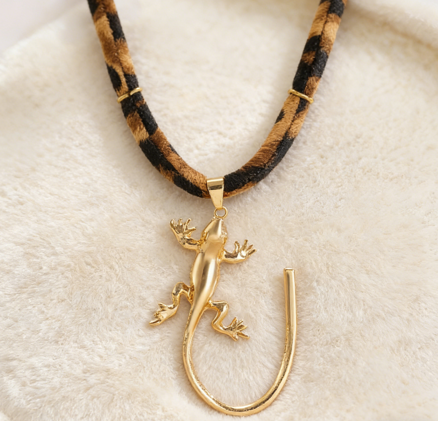 Leopard Print Ribbon Necklace with Sun &amp; Gecko Charms
