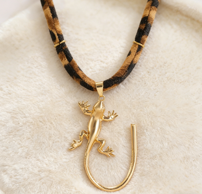 Leopard Print Ribbon Necklace with Sun &amp; Gecko Charms