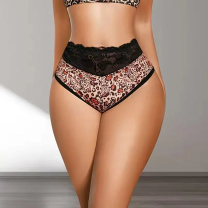 1pcs Leopard Print Sexy Lace Women Panties Mid Waist Breathable Comfortable Female Underpants Patchwork Lady Briefs Underwear
