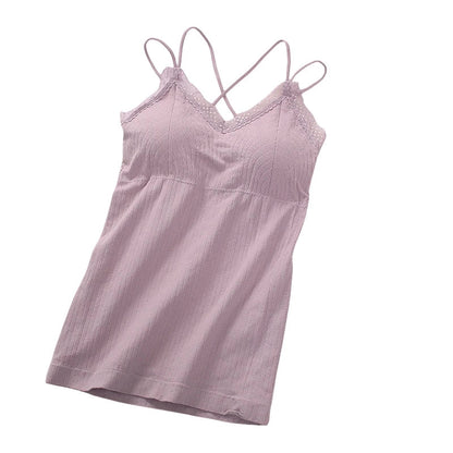 Women Vertical Rib Long Camisole With Crisscross Thin Straps Romantic Lace Trim V Neck Built-In Chest Pads Daily Inner Sling Top