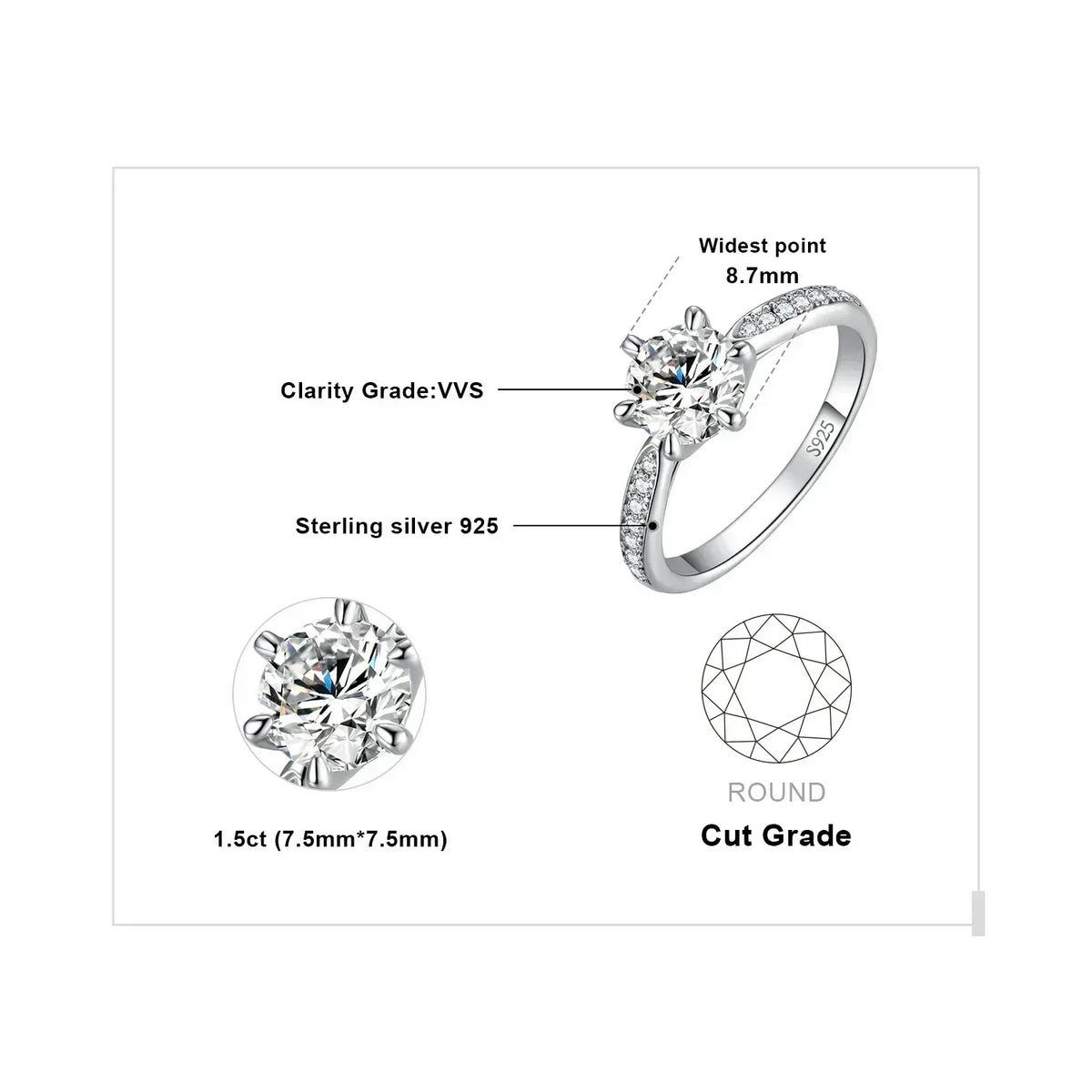 JewelryPalace Moissanite D Color 0.5ct 1ct 1.5ct 2ct 3ct Round S925 Sterling Silver Wedding Engagement Ring for Women