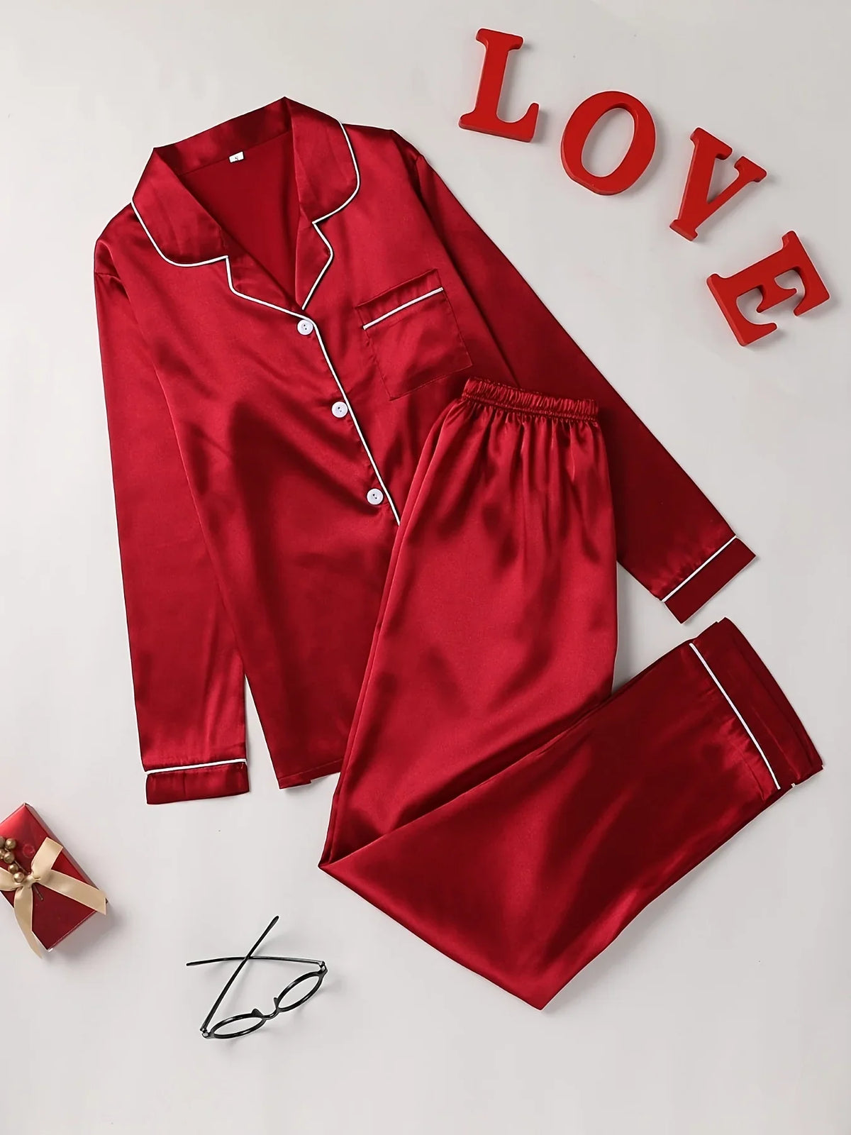 Solid Pajama Set Long Sleeve Button Up Lapel Top &amp; Pants Pj Set Women&