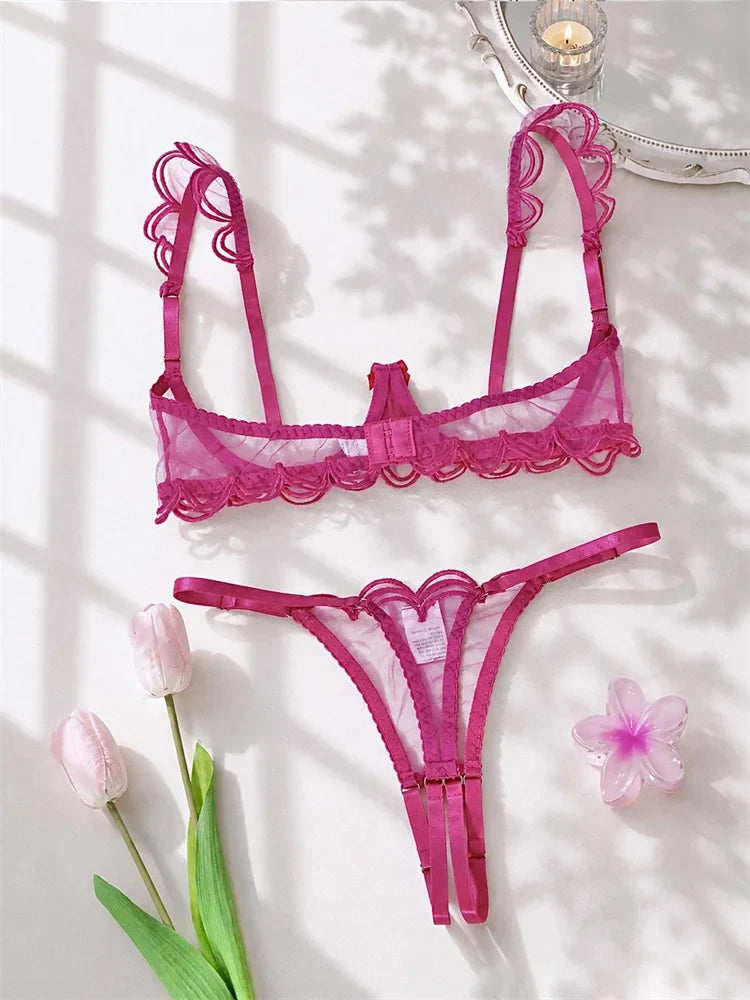 Sexy Women Bra Set Rose Red Mesh Lingerie Three-point Intimate Underwear Bow Underwire Bralette Crotchless Thong Lingerie Set