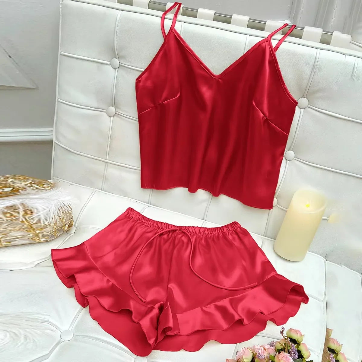 Solid Satin Pajama Set V Neck Cami Top Ruffle Shorts Women&