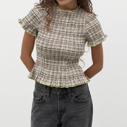 Women Casual Summer Plaid Print Shirred Tops Slim Mock Neck Short Sleeve Crop Ruffle T-shirts Streetwear