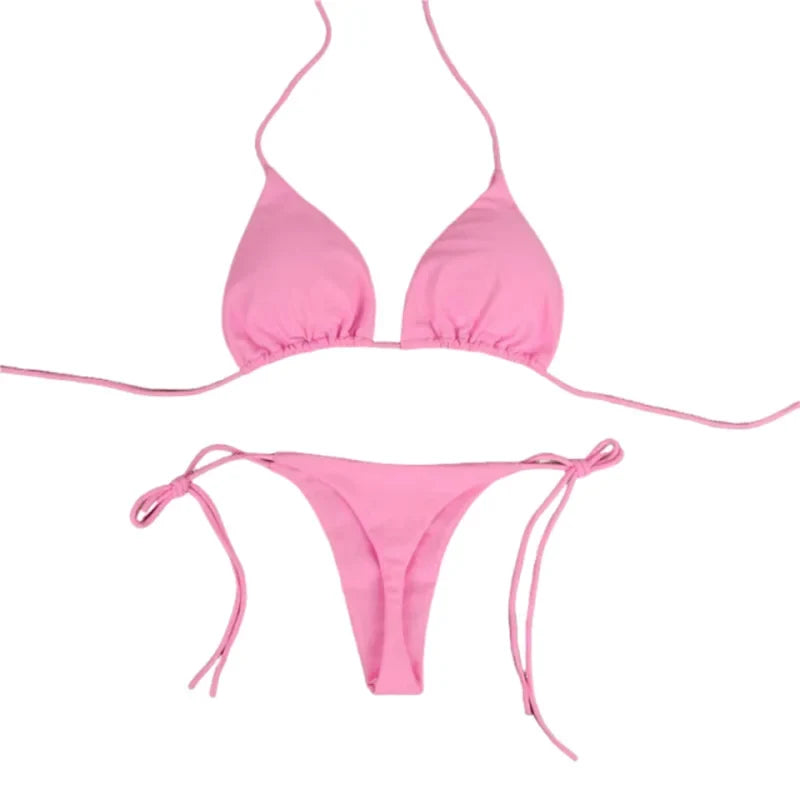 2025 Sexy Halter Solid Color Bikini Set Women&