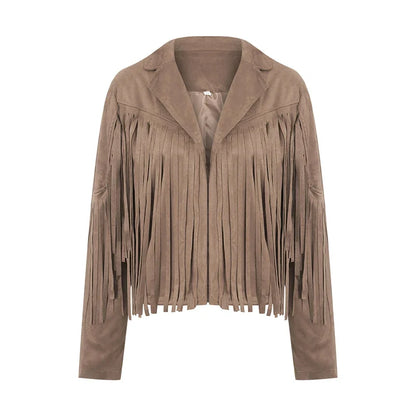 Women Spring Autumn Slim Long Sleeve Open Front Coat Solid Color Collared Jacket with Tassels Black/ Coffee/ Pink