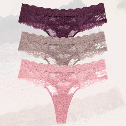 3-Piece Lace Thong Panties for Women – Seamless, Low-Rise Lingerie