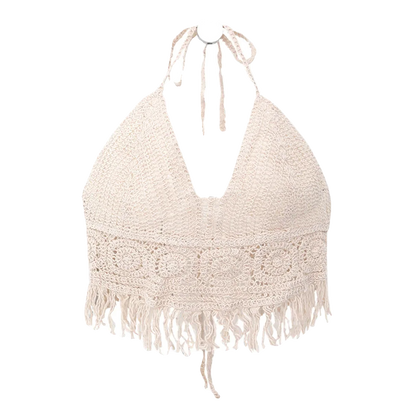 Boho Crochet Halter Top for Women Summer Beach Knit Crop Top with Tassels Backless Sleeveless Bralette
