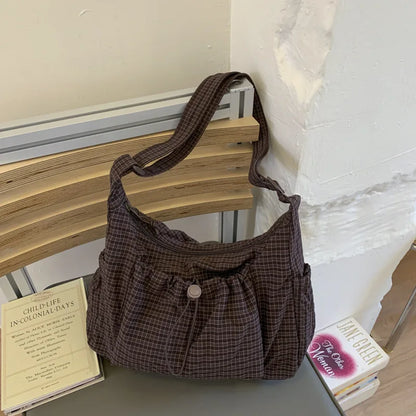 Brand Korean Nylon Crossbody Bag With Plaid Pattern - Phone Pocket