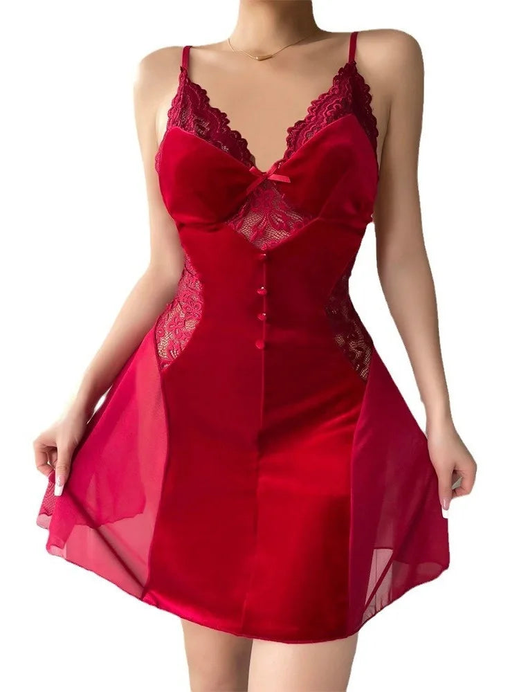 Sexy  Velvet Mesh Splicing Sling V-neck Fit And Flare Dress Elegant Pure Colour Temperament Girl Dew Shoulder Dresses New  NKGJ