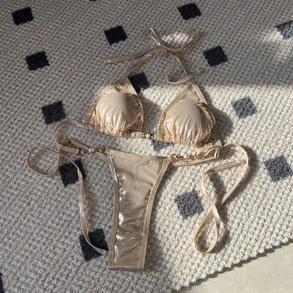 DEKA Sexy Brazilian Shiny Pearl Micro Bikini Faux Leather Swimwear Women Thong Swimsuit Halter Triangle Bikini Set Bathing Suit