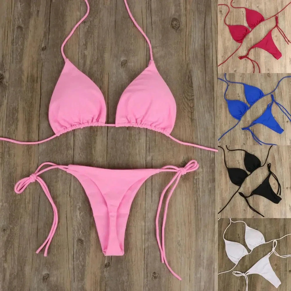 2025 Sexy Halter Solid Color Bikini Set Women&