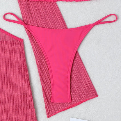 Women micro mini halter bikinis sets 3pcs with knitted long sleeve hollow out mini dress swimsuit bathing suit beach outfits