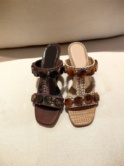 Boho Raffia Comfortable 8cm High Heels Wedge Slide Mules T-Strap Vacation Beach Straw Heels Espadrille Wedge Sandals Women Shoes