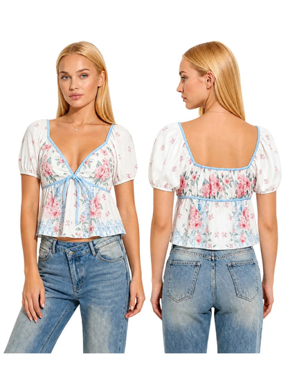 Womens Summer Crop Tops Puff Short Sleeve V Neck Floral Print T-shirts