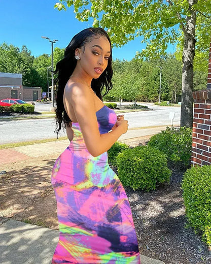 Spring And Summer Dresses For Women Chest Wrap Printed Off Shoulder Bandage Slim Sexy Long Dress 2023 New Fashion party MsChuh