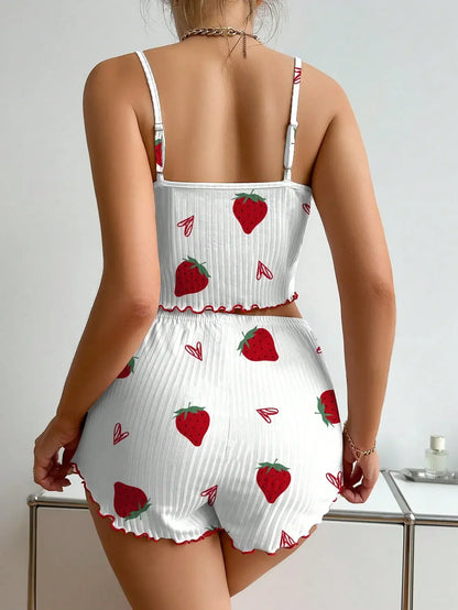 Camisole Strawberry Printing Casual Vest Tops and Shorts 2 Pieces Pajamas Set Women&