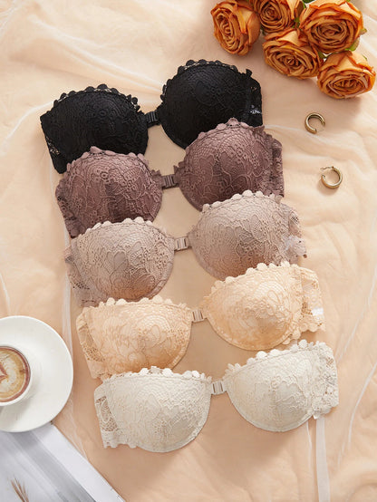 3Pcs Lace Women Strapless Bra Stylish Front Buckle Push up Bra Invisible Off-Shoulder Underwire Bras Women