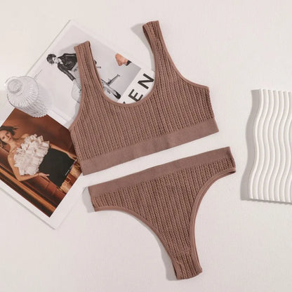 Women Knit Seamless Bra And Panties Set Tank Style Bralette Without Padding Low Rise Thong U-Neck Wide Strap Lingerie Set M-L