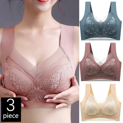 FallSweet 3PCS Lace Push Up Bras for Women Sexy Wireless Bra Ice Silk Deep V Bralette Tops Female Lingerie Mom&